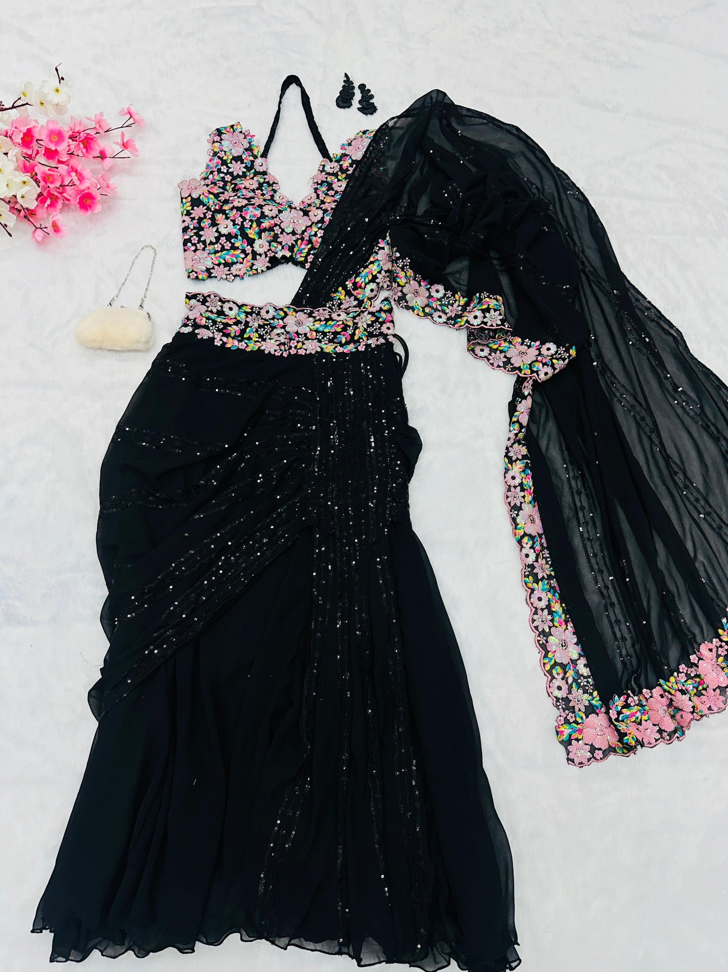 Black Prestiched Lehenga Style Saree