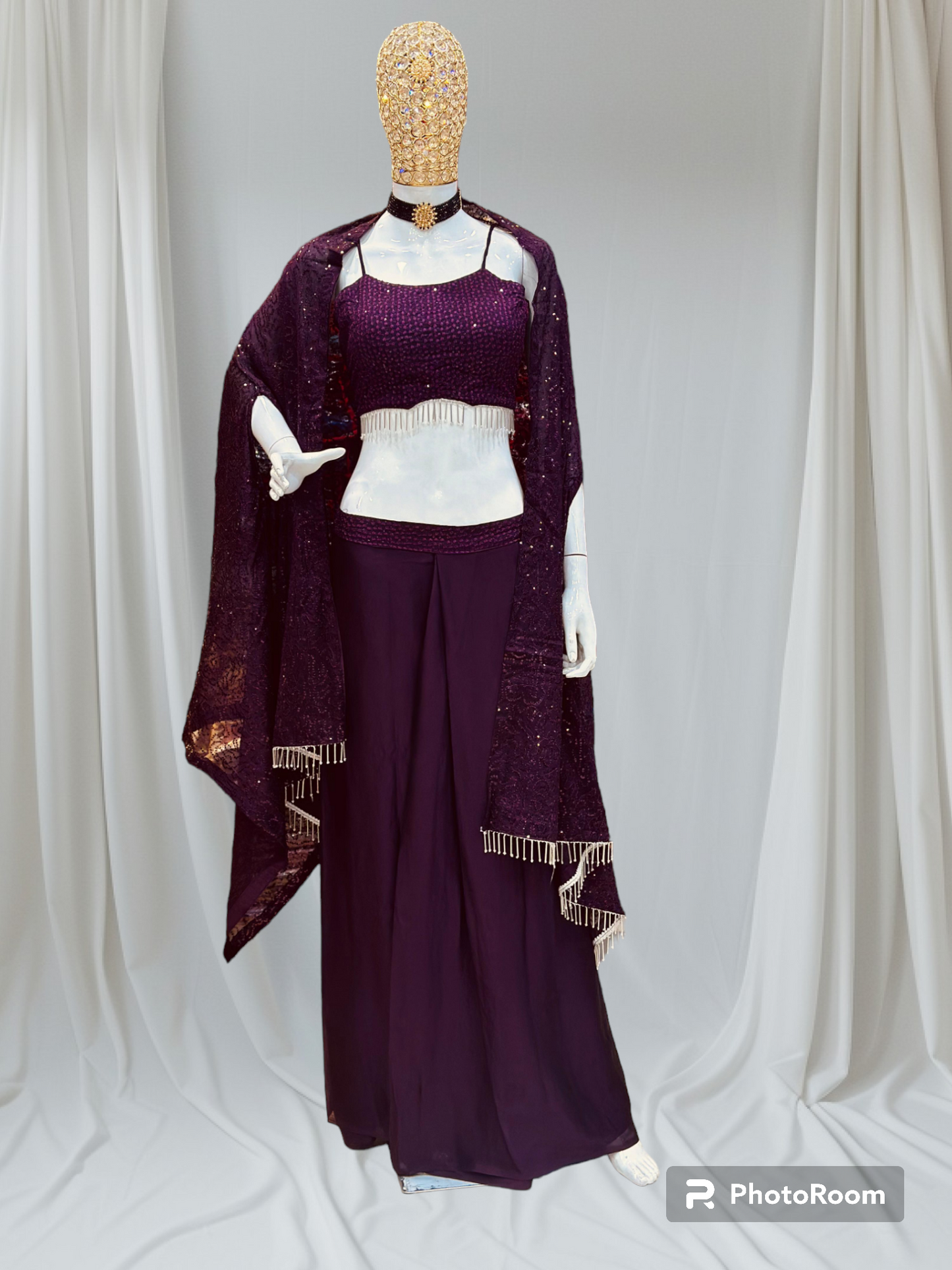 Wine Crop Top with Dhoti & Shrug