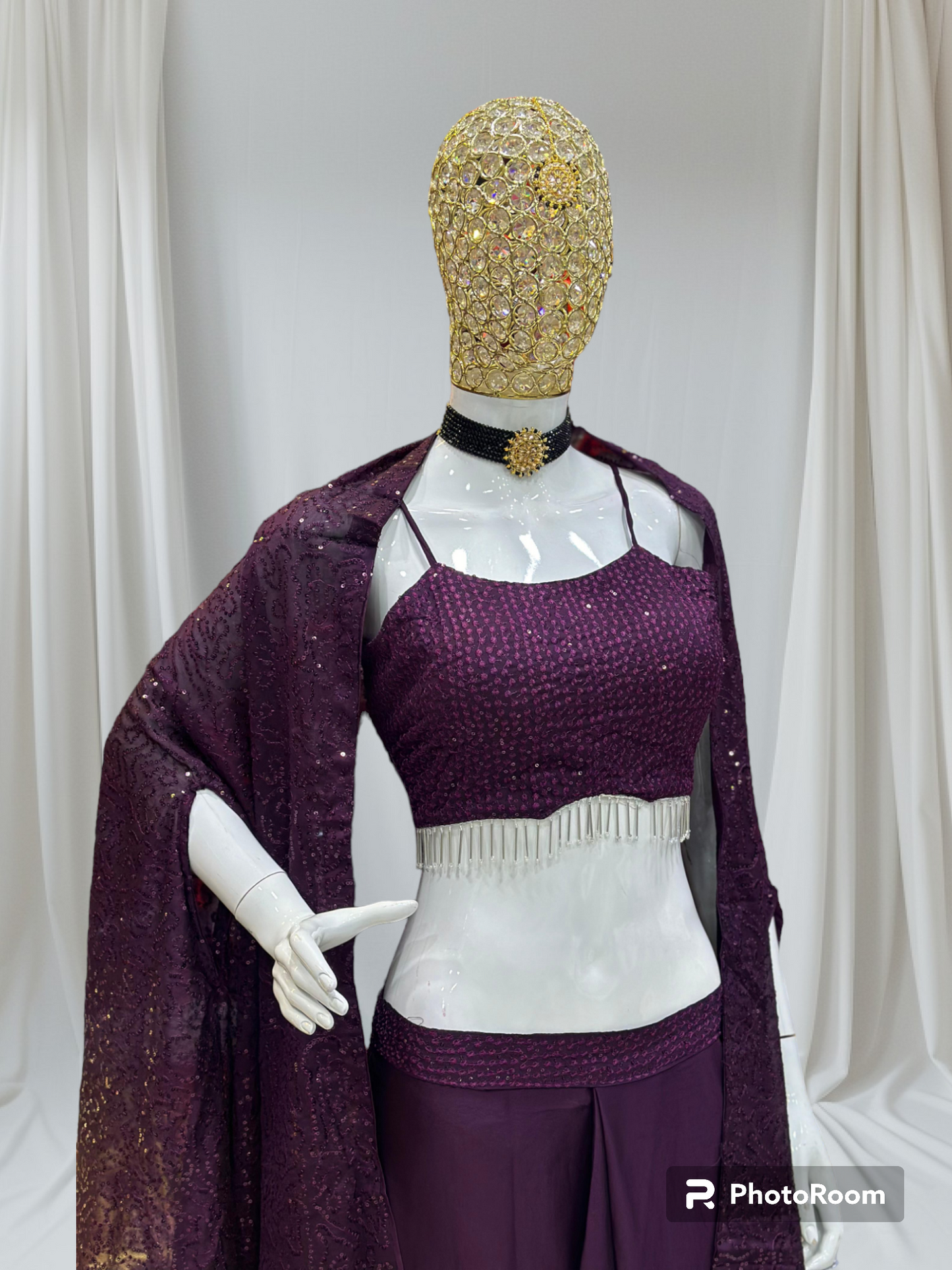 Wine Crop Top with Dhoti & Shrug