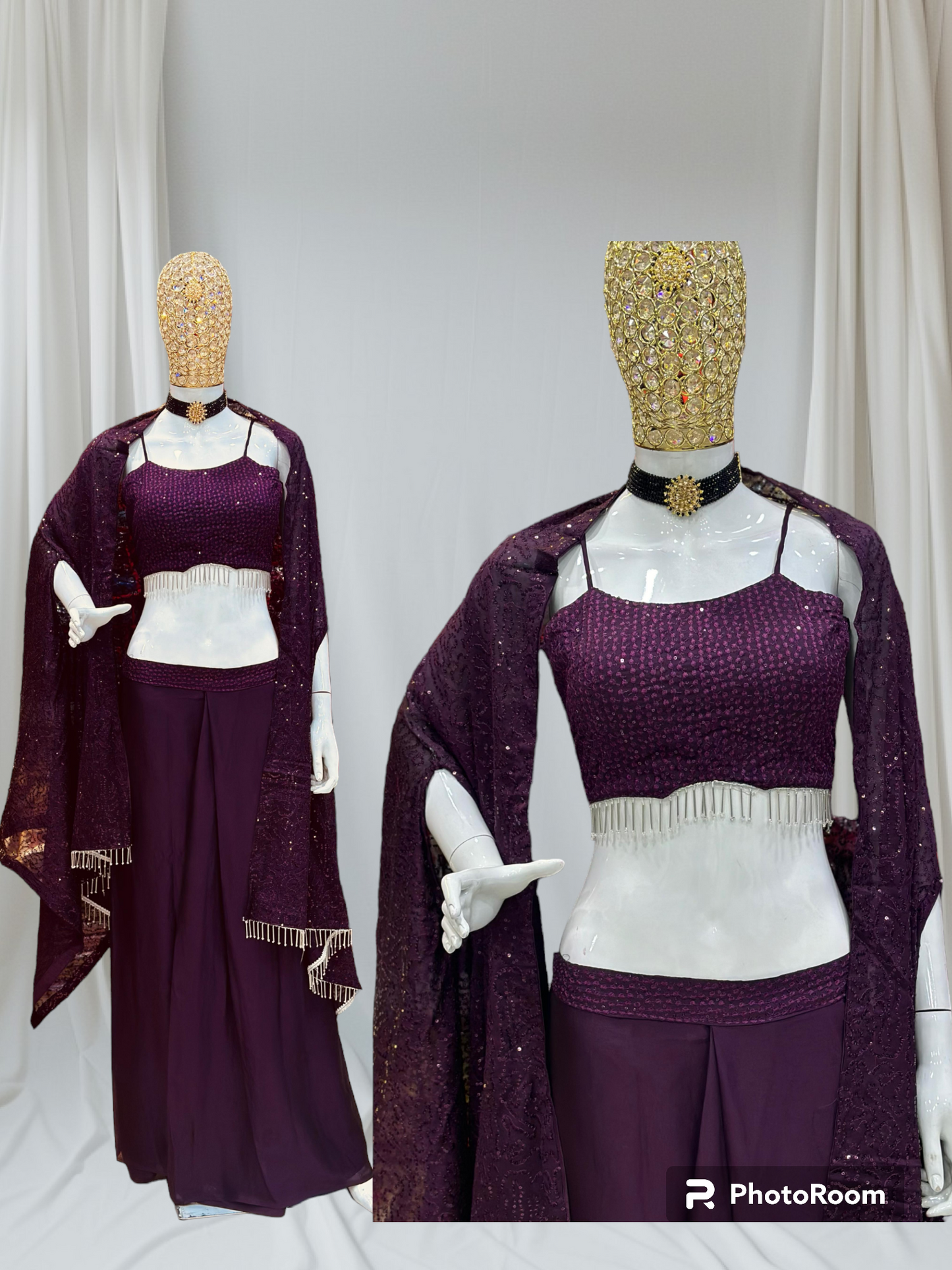 Wine Crop Top with Dhoti & Shrug