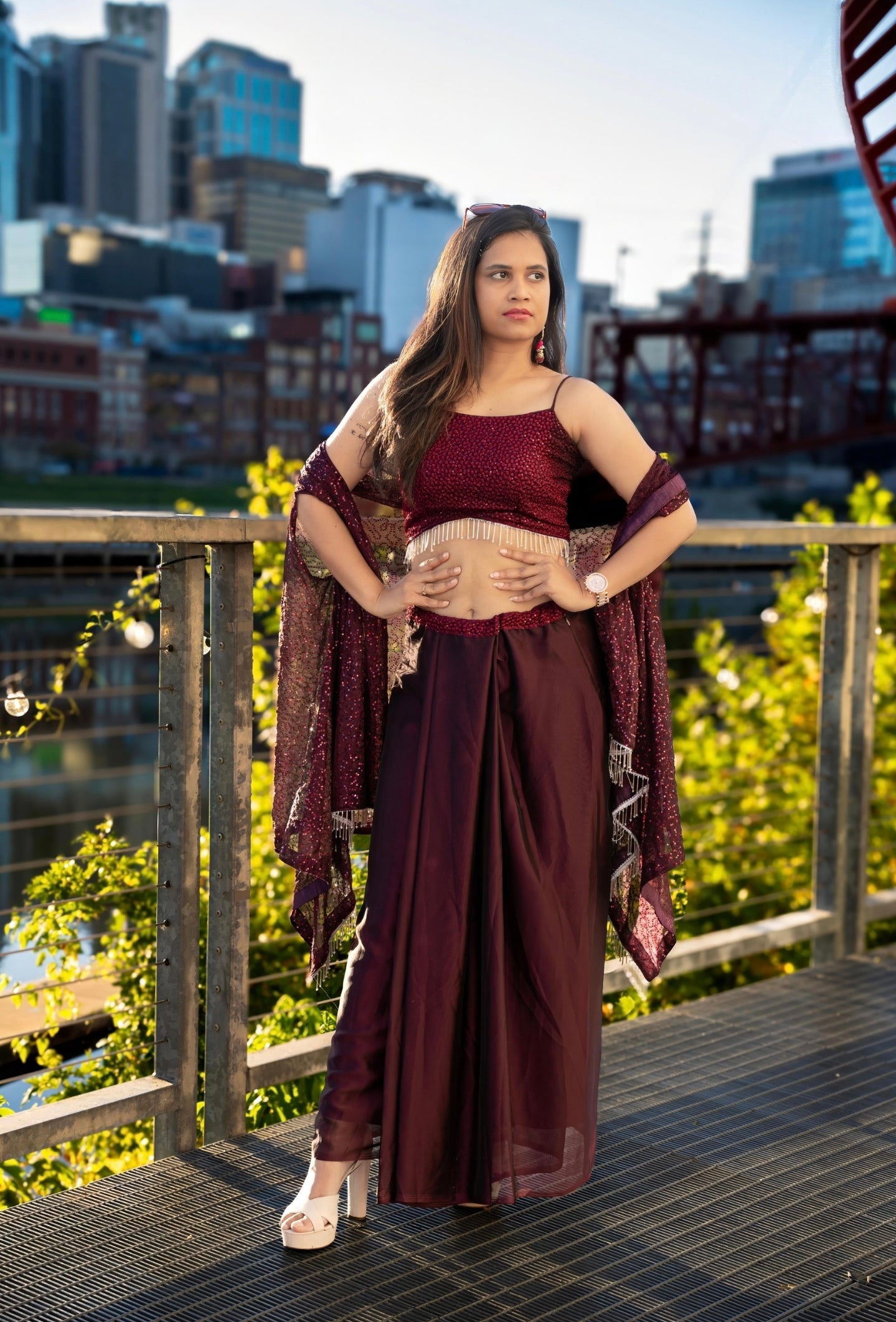 Wine Crop Top with Dhoti & Shrug