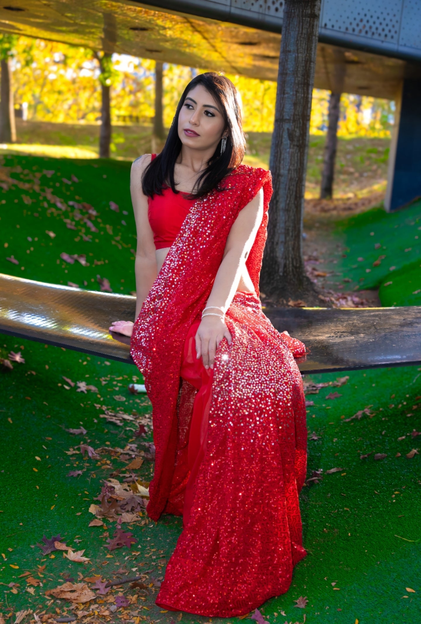 Red Double Tone Sequence Saree with Stiched Blouse