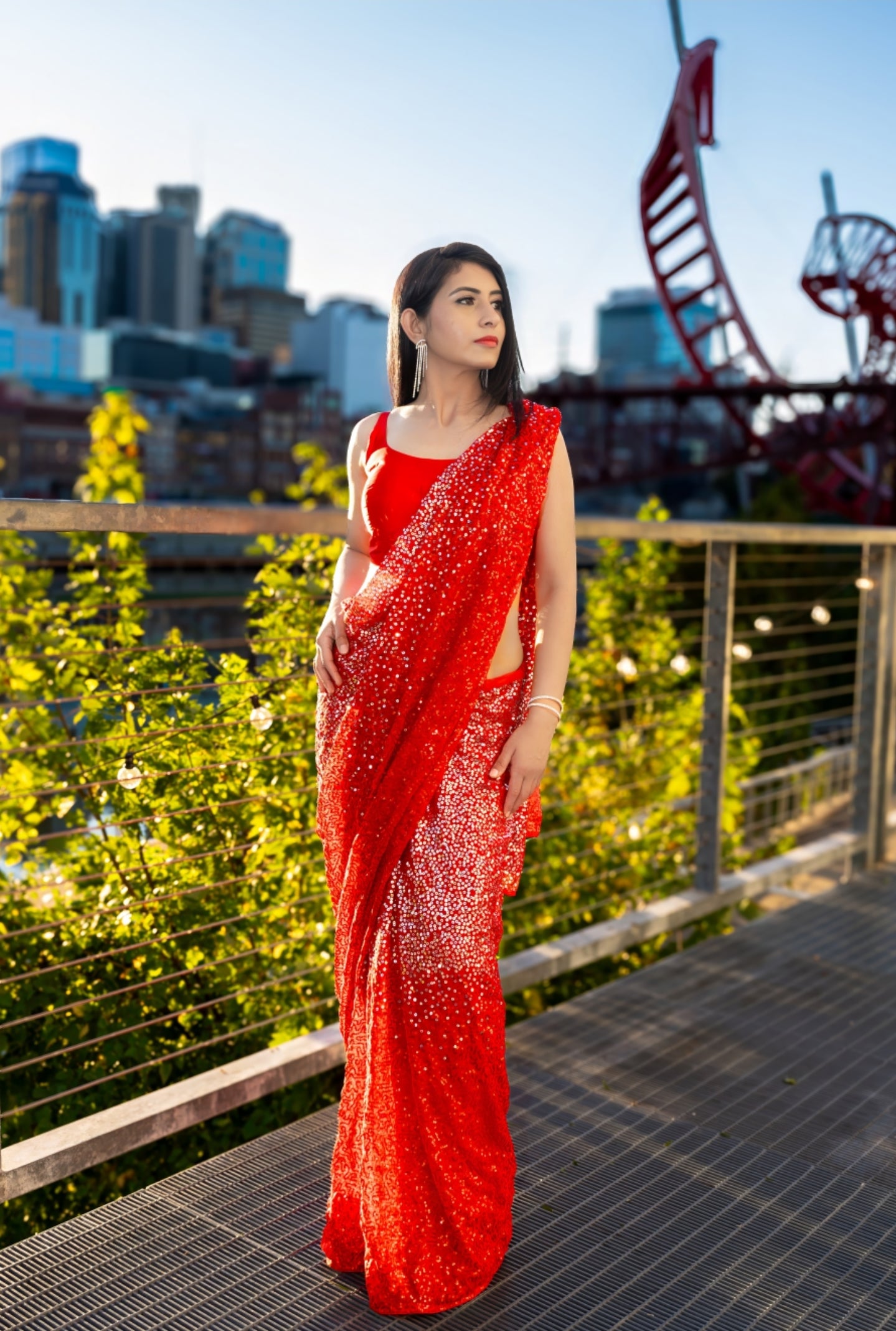 Red Double Tone Sequence Saree with Stiched Blouse