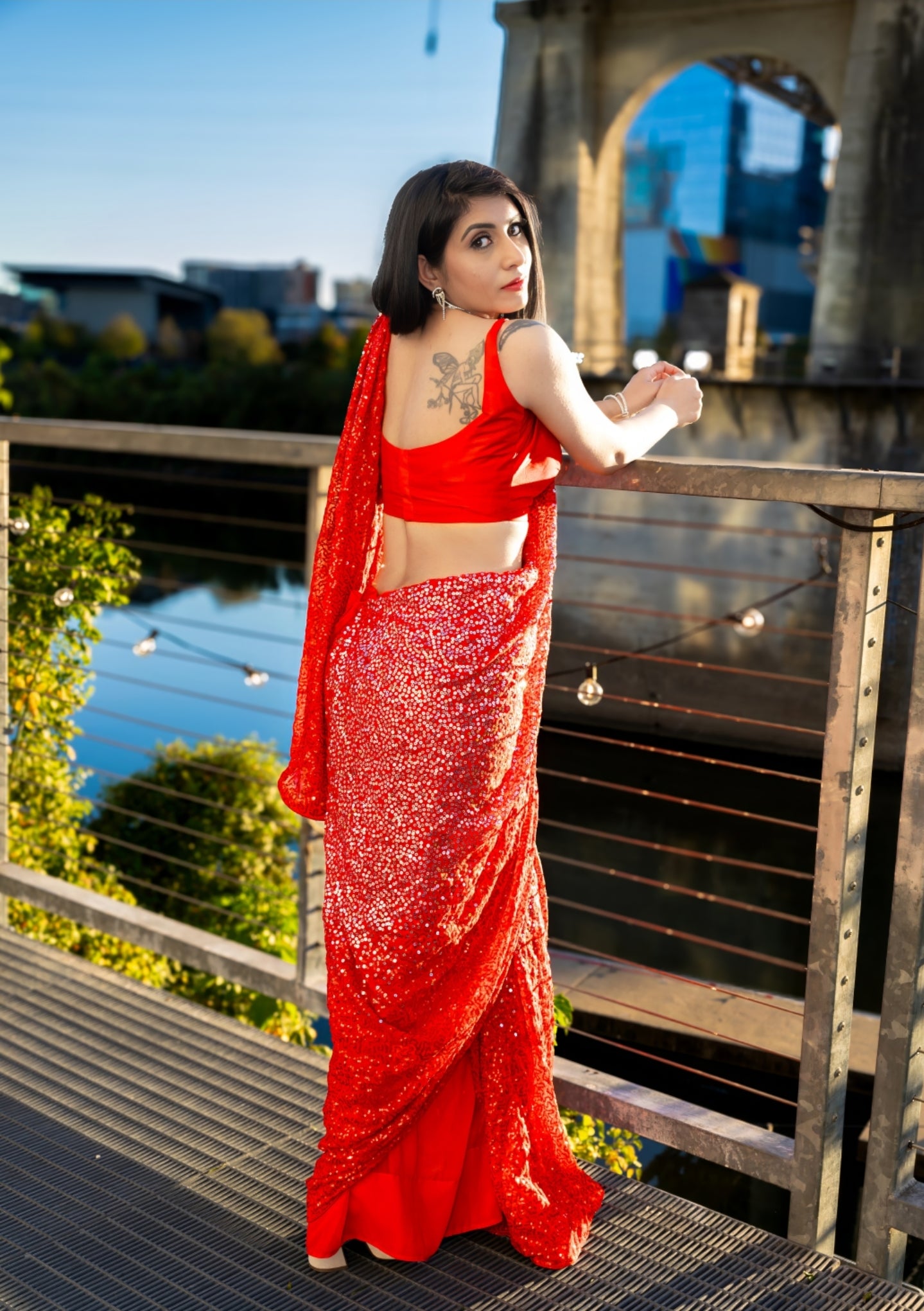 Red Double Tone Sequence Saree with Stiched Blouse