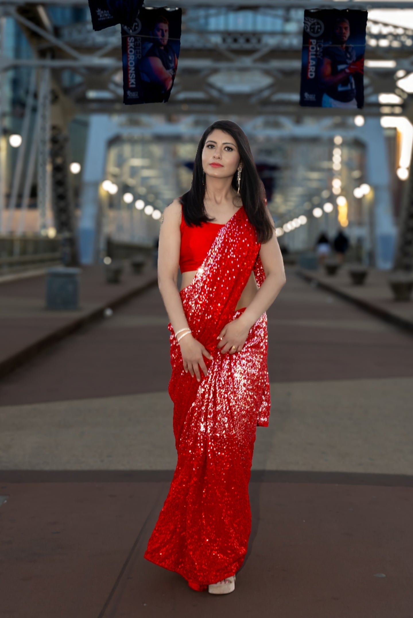 Red Double Tone Sequence Saree with Stiched Blouse