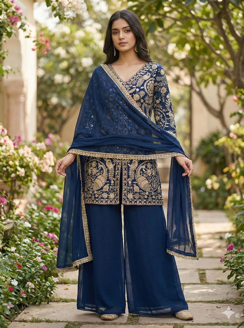 Heavy Faux Georgette Palazzo Set with elegant sequin embroidery
