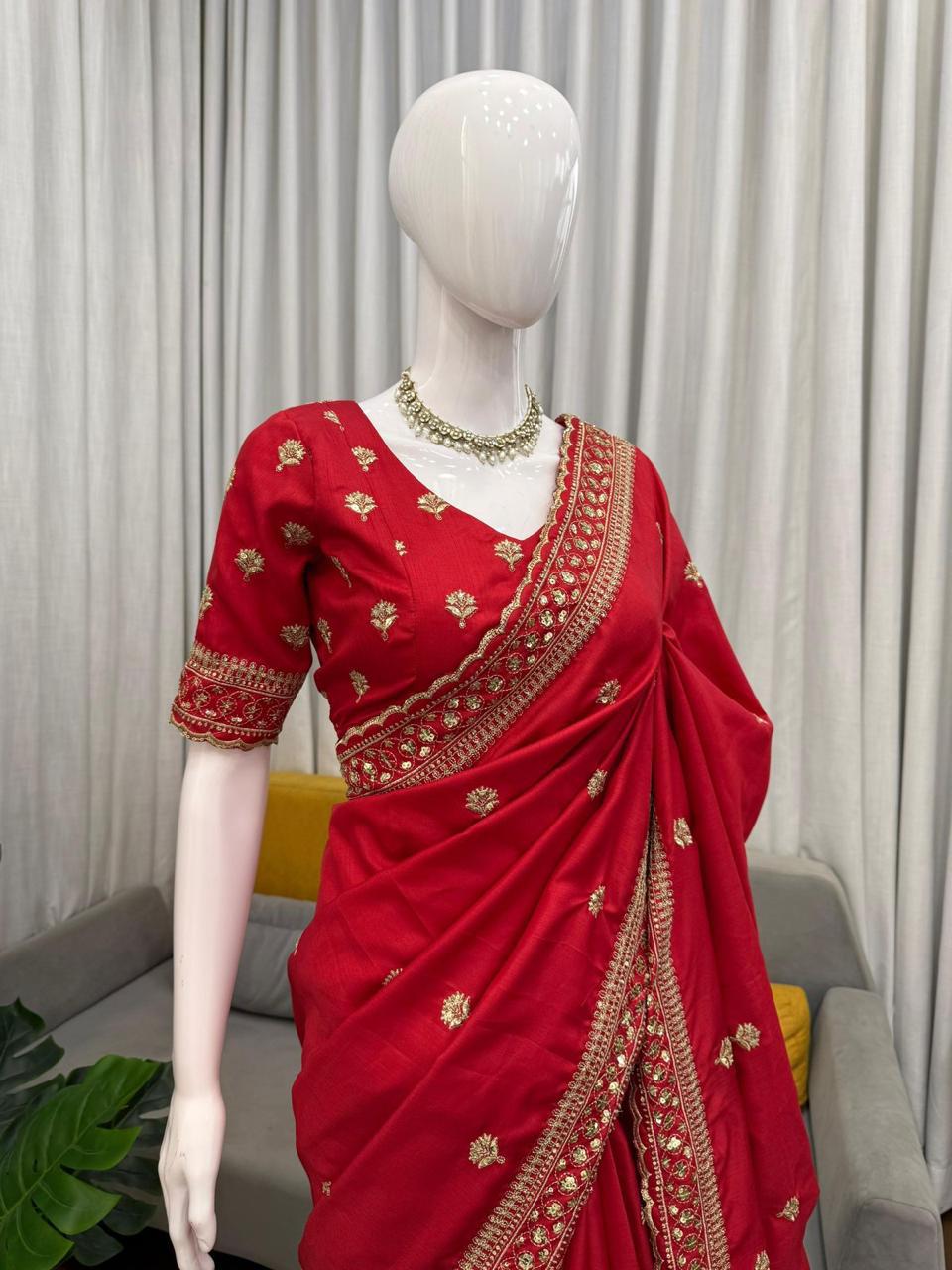 Red Jalpari Silk Saree with thread and Sequin Work