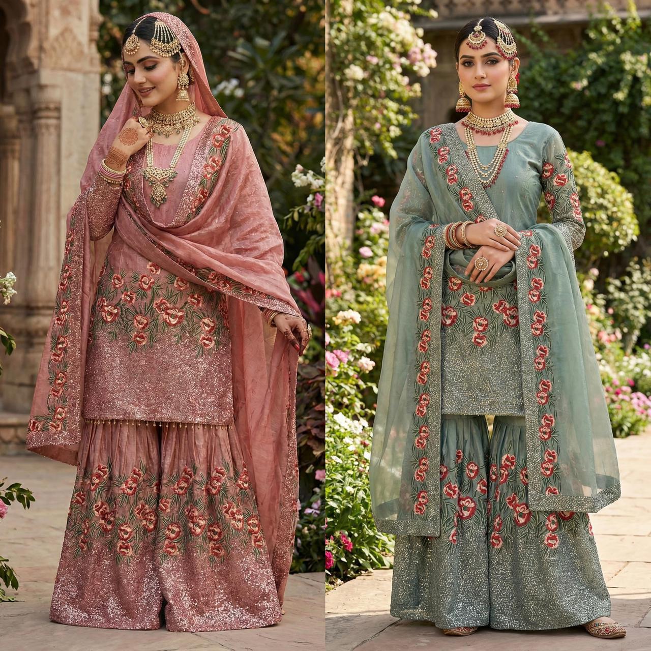 Fendy silk heavy embroidery sequin work Sharara Suit