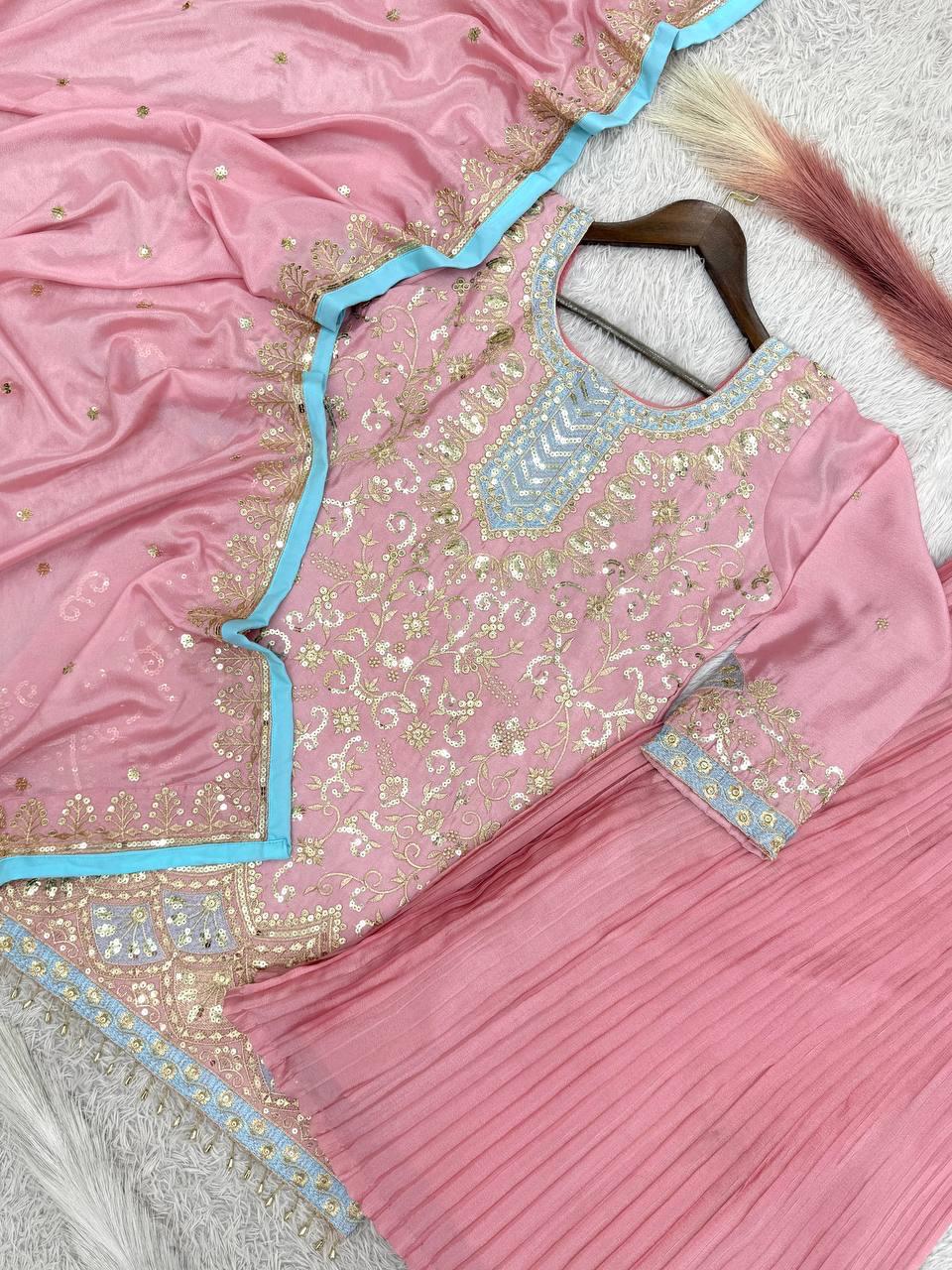 Pink Chinon kurti with Crushed Plazzo