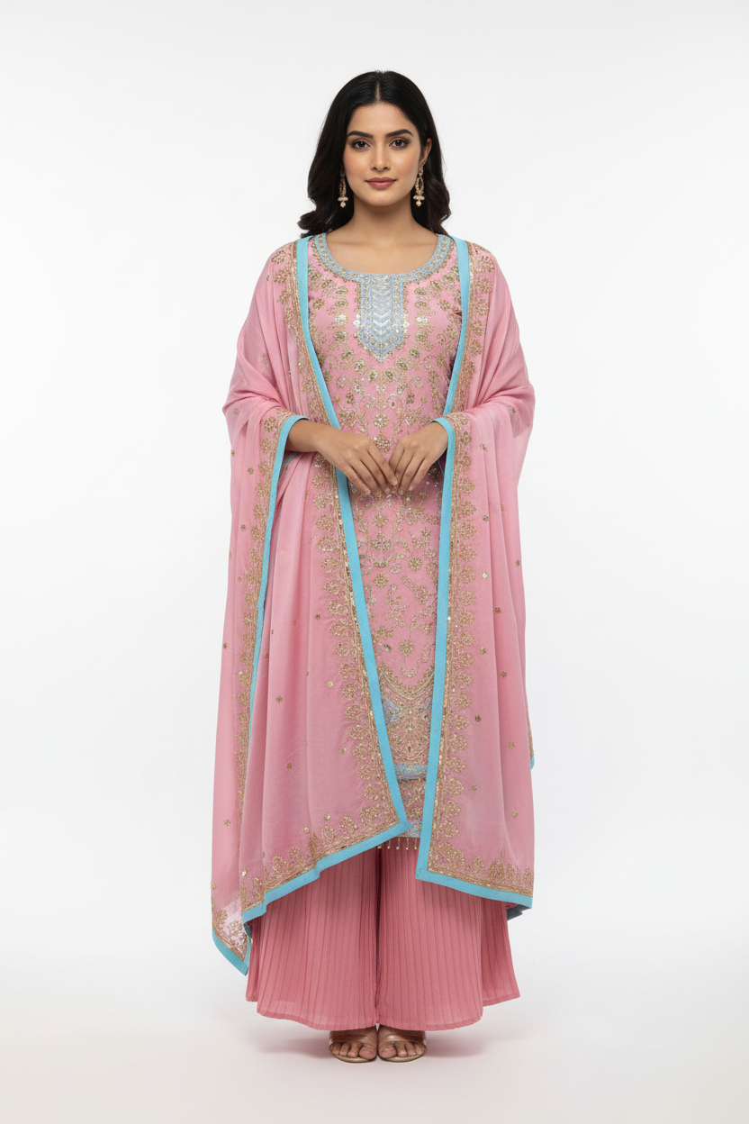 Pink Chinon kurti with Crushed Plazzo