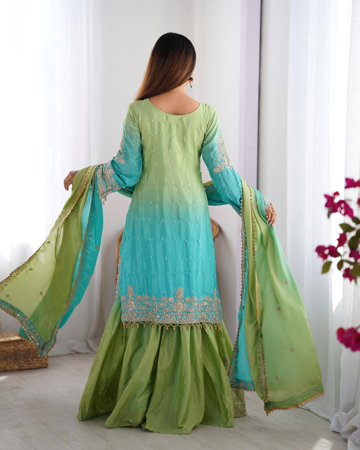 Designer Chinon rivet moti embroidery Palazzo Set ✨