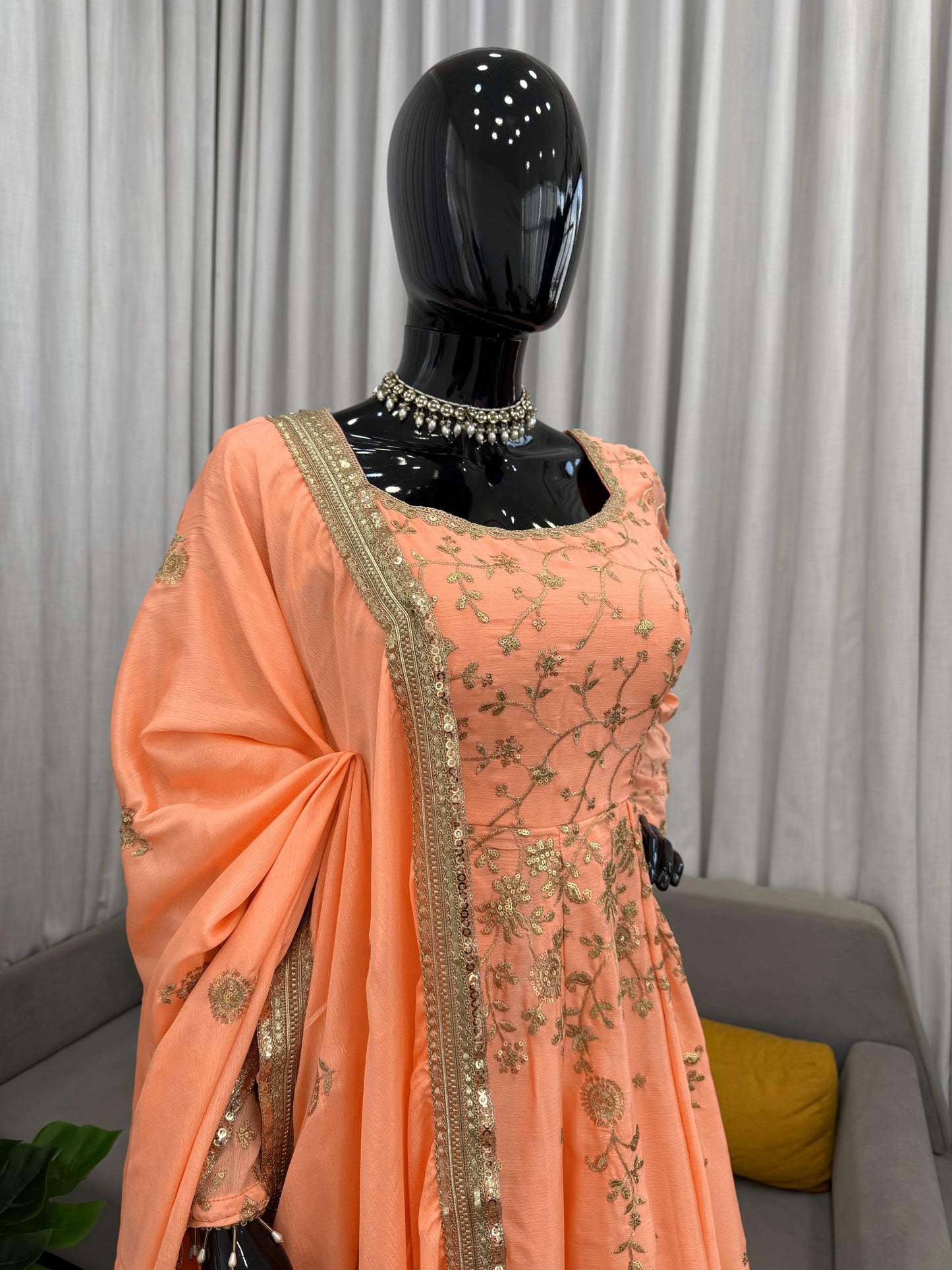 Peach Chinon Gown with Skirt