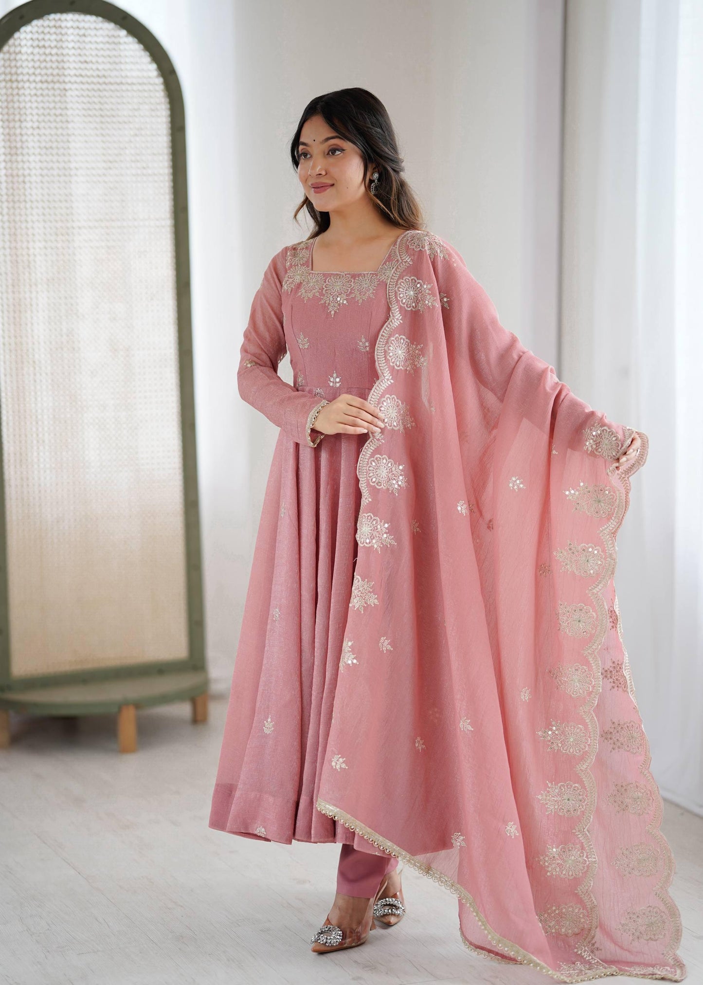 Crunchy Silk Embroidery Sequin Gown with Pants