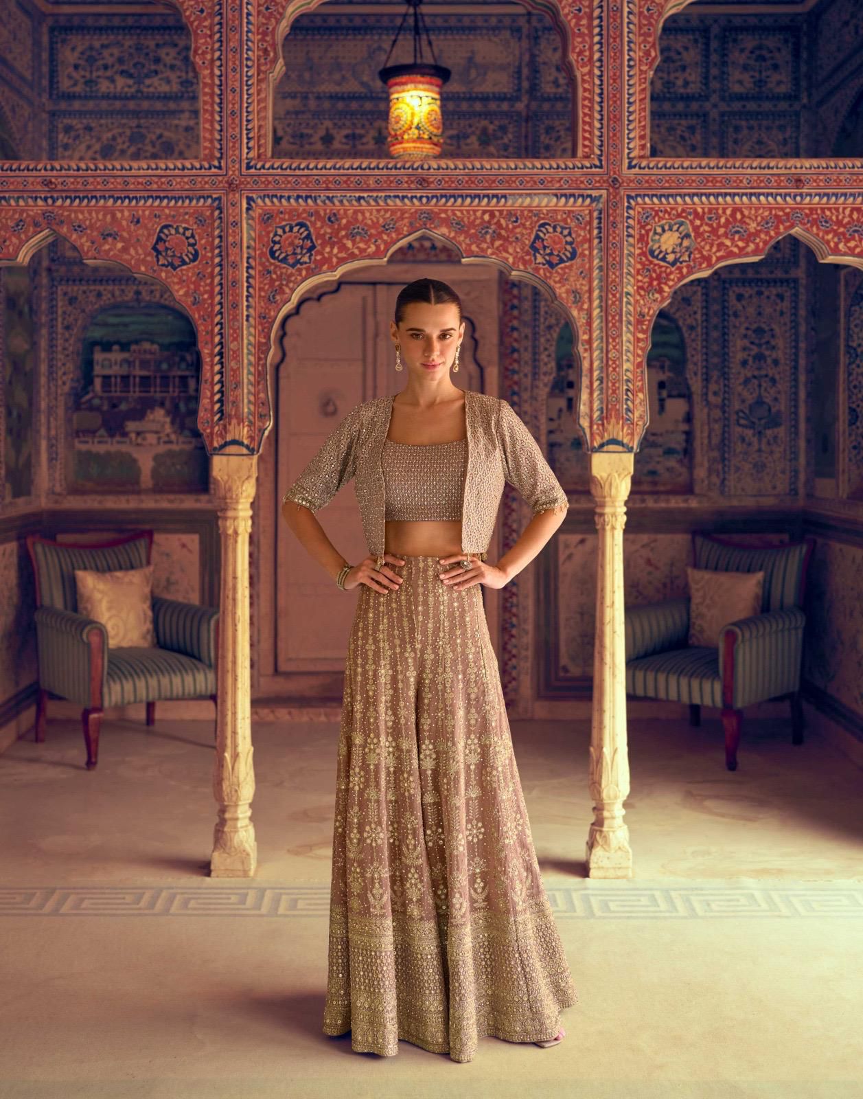 Brown Georgette Indowestern Designer Set with Embroidered Swarovski and Zarkan Work