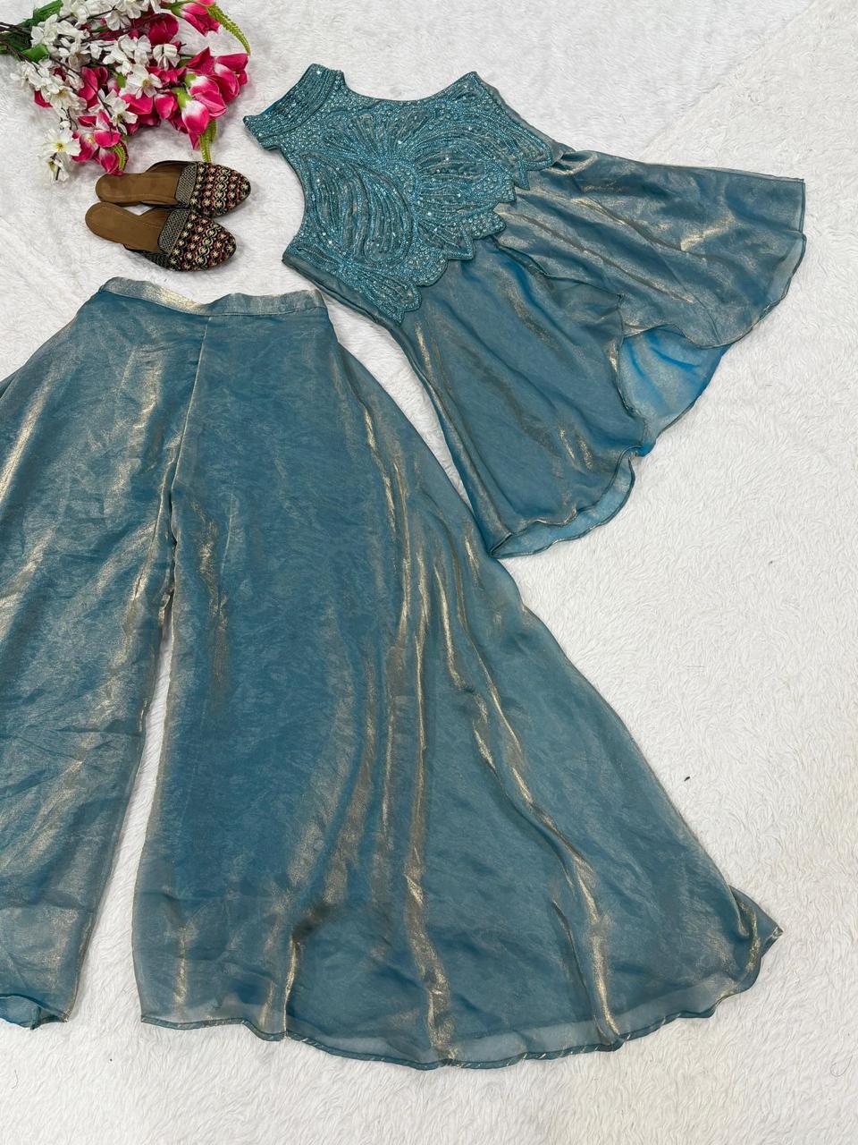 Full Neck Fendy Silk Top with Sharara Palazzo