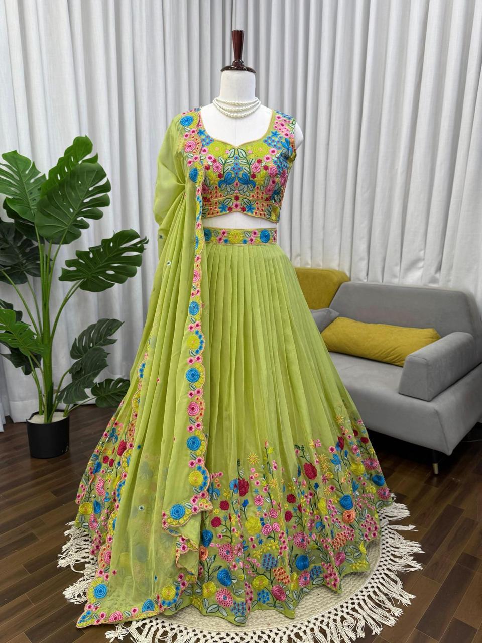 Green Tabby Organza Silk Lehenga with Floral Embroidery