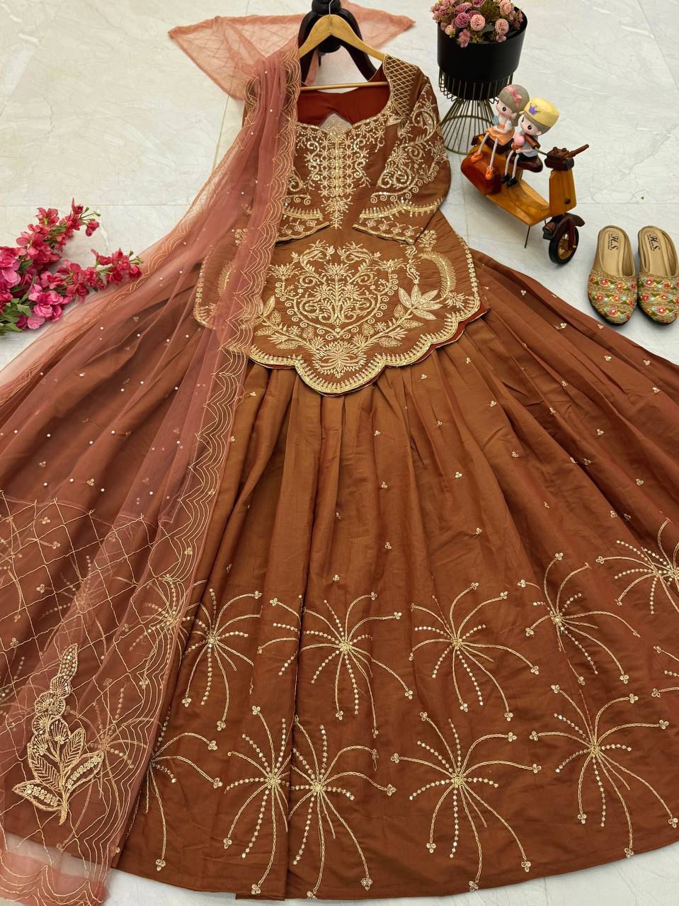 Brown Simmer Silk Embroidery Detailing Lehenga