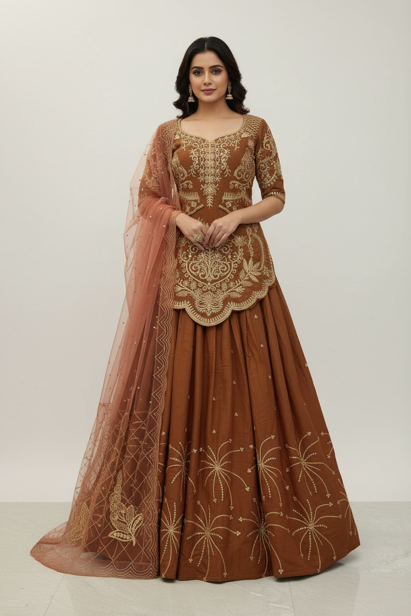 Brown Simmer Silk Embroidery Detailing Lehenga