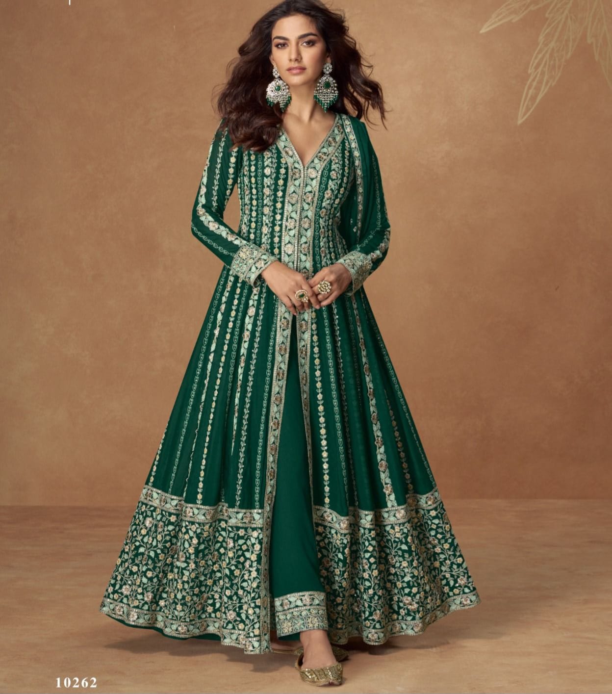 Green Georgette Long Gown Style Shrug Set
