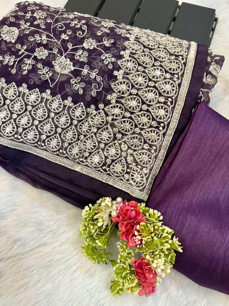 Chikankari Work Shimmer Silk Saree