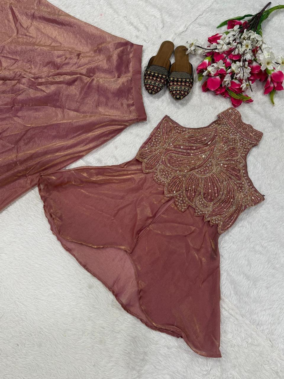 Full Neck Fendy Silk Top with Sharara Palazzo