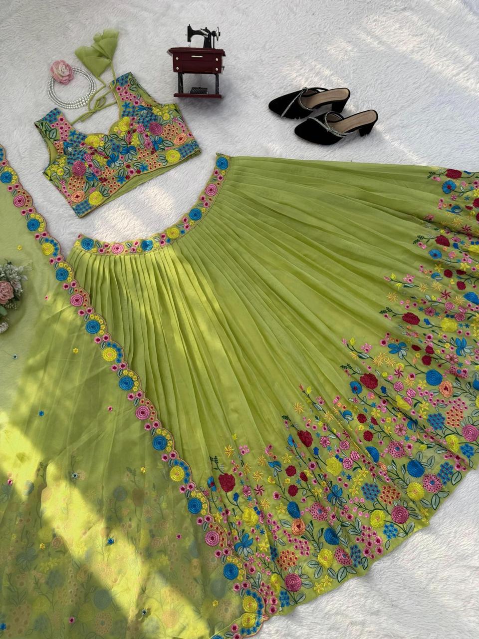 Green Tabby Organza Silk Lehenga with Floral Embroidery