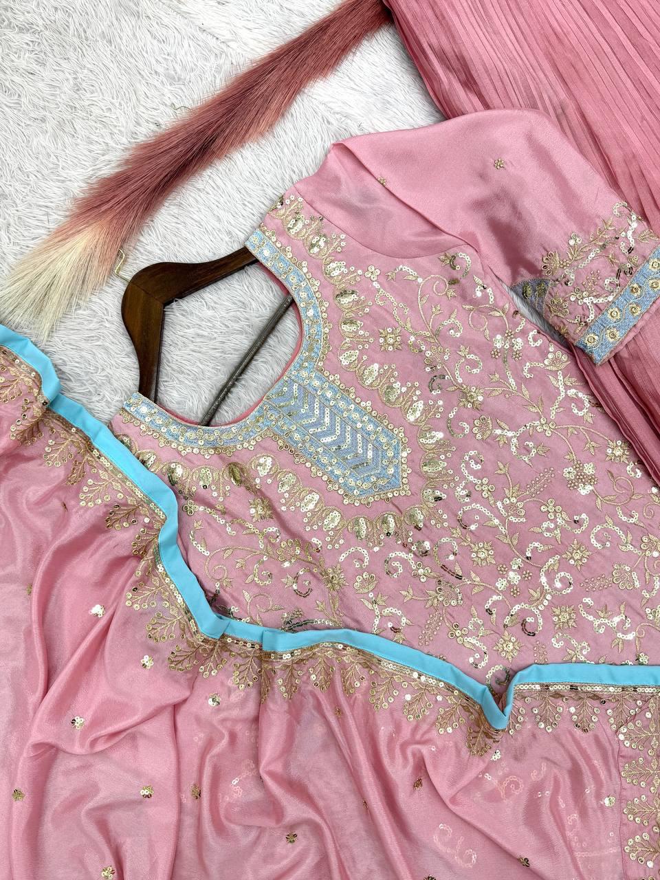 Pink Chinon kurti with Crushed Plazzo