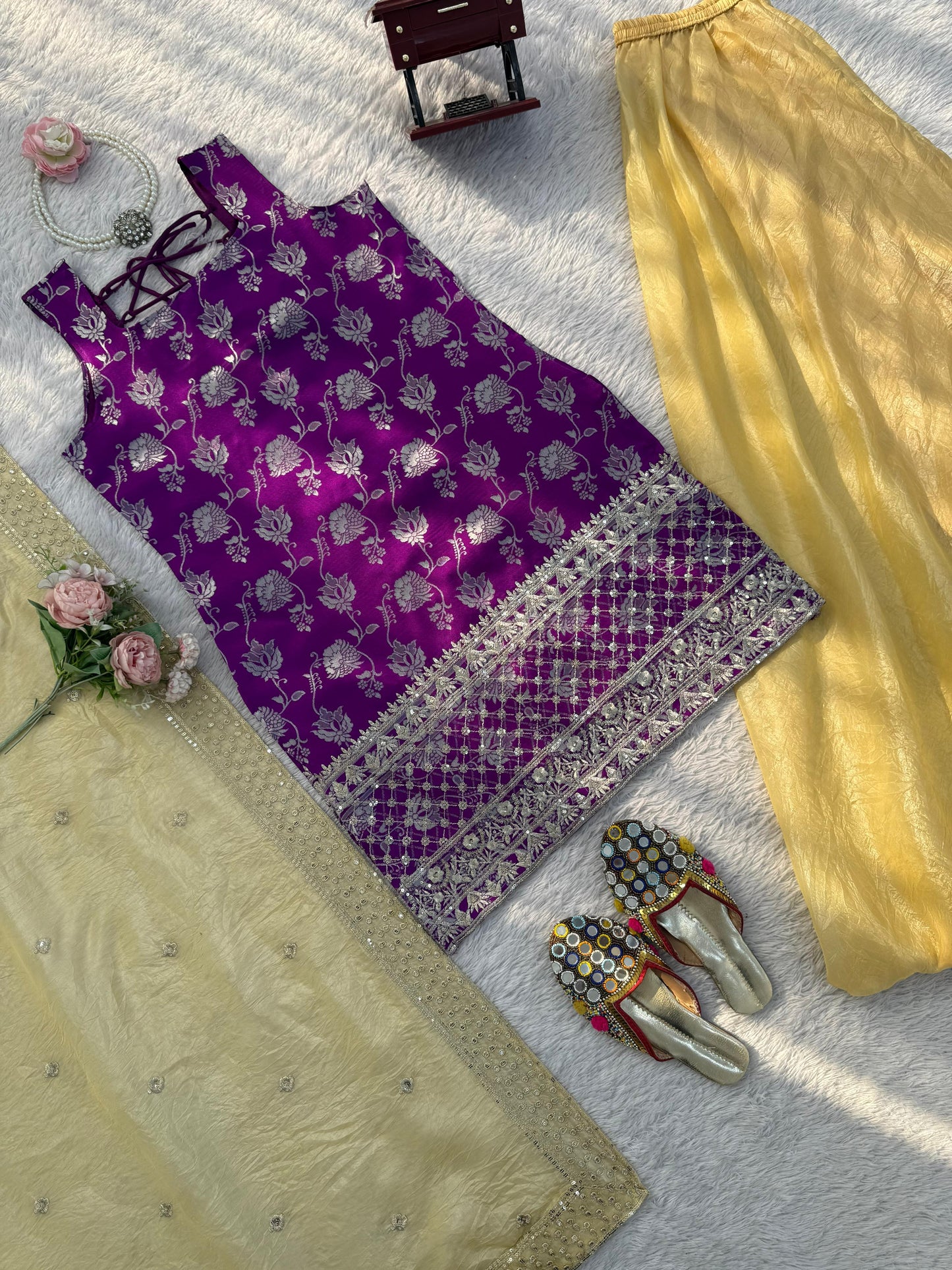 Purple Jequard Suit with Golden Palazzo Pants