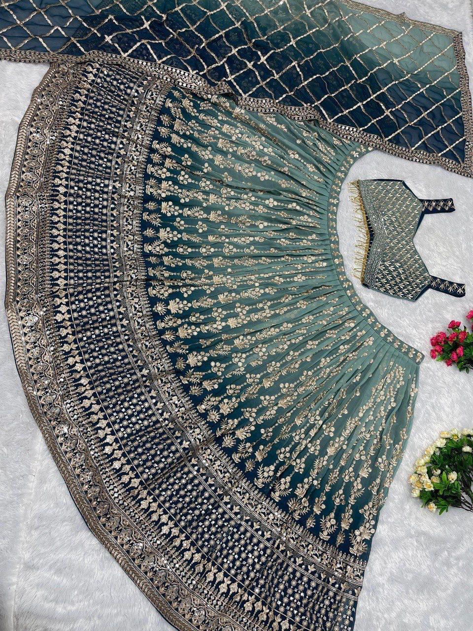 Designer Teal Blue Bridal Faux Georgette Lehenga Choli Set with Heavy Embroidery