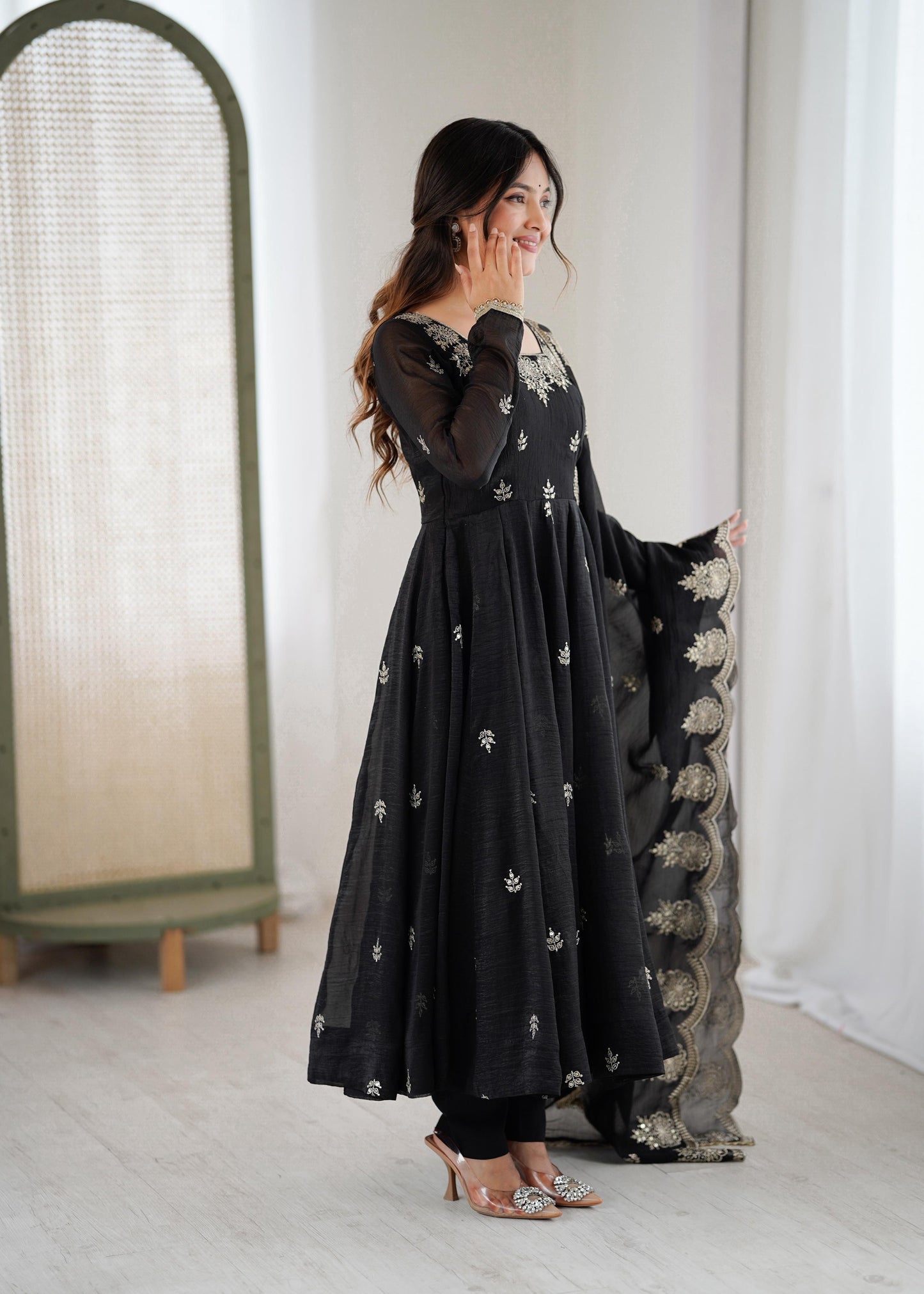 Crunchy Silk Embroidery Sequin Gown with Pants