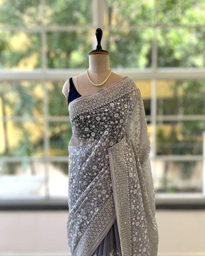 Chikankari Work Shimmer Silk Saree
