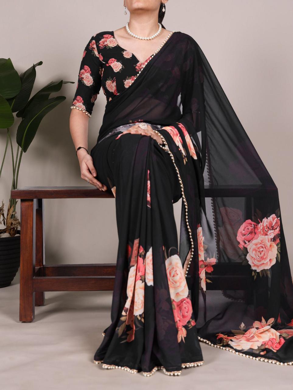 Elegant Georgette Printed Saree with Pearl Lace Border