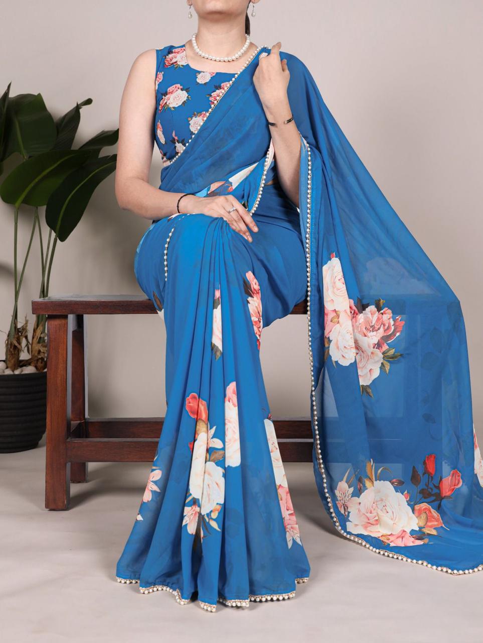 Elegant Georgette Printed Saree with Pearl Lace Border