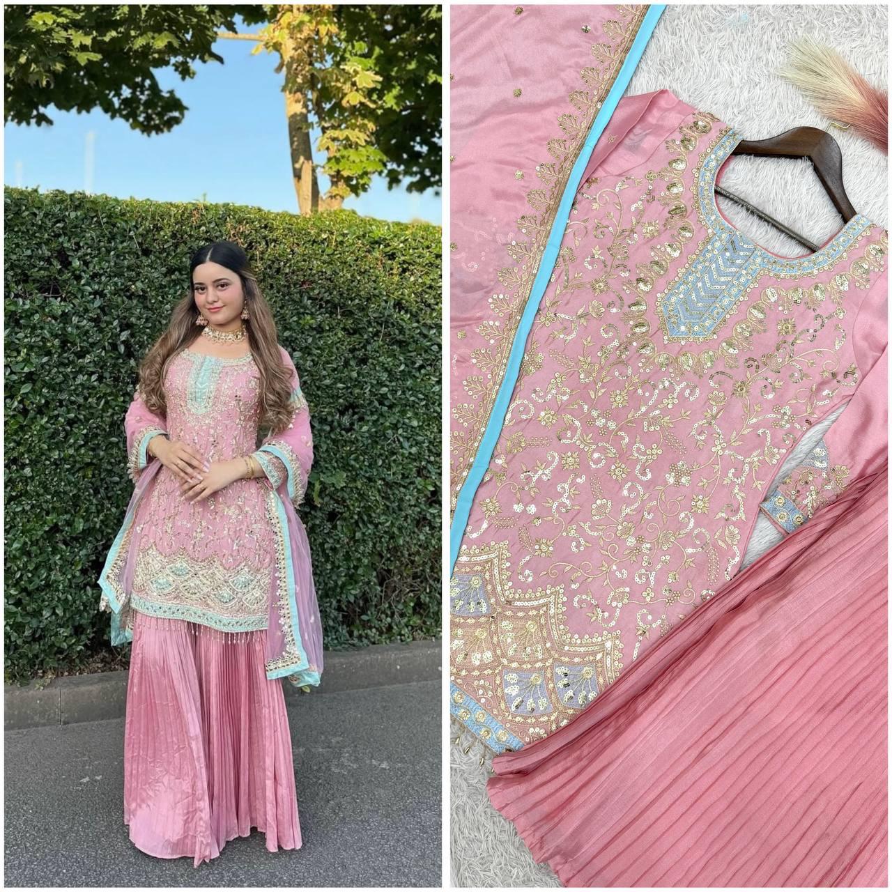 Pink Chinon kurti with Crushed Plazzo
