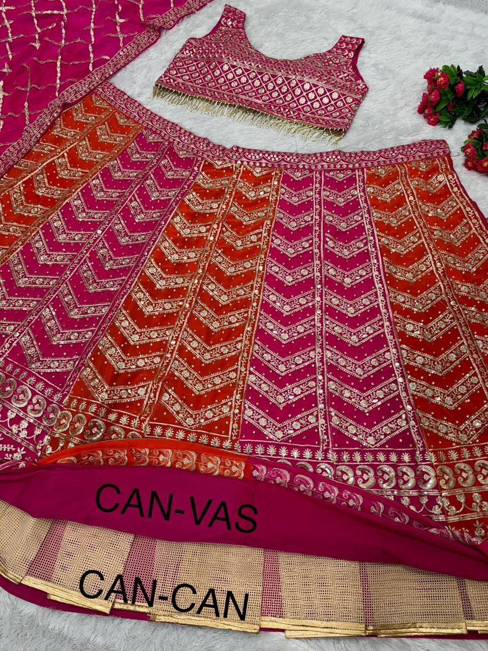 Orange Pink Faux Georgette Lehenga