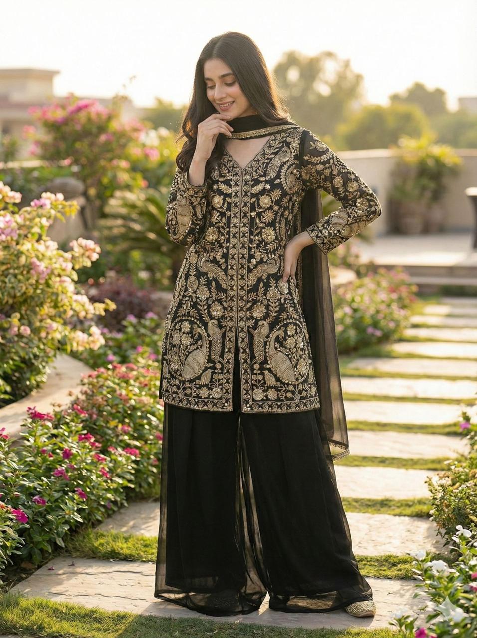 Heavy Faux Georgette Palazzo Set with elegant sequin embroidery