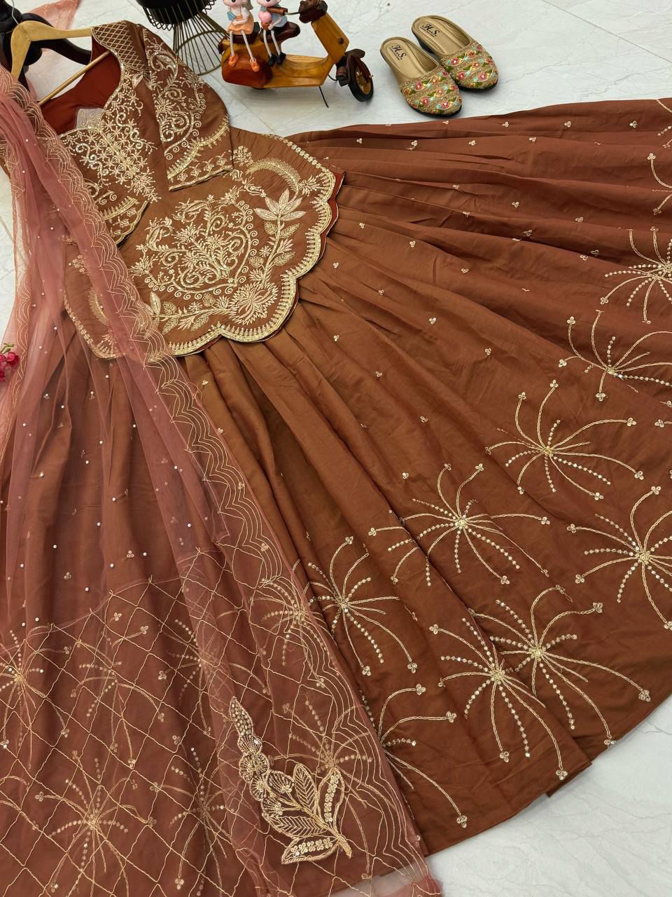 Brown Simmer Silk Embroidery Detailing Lehenga