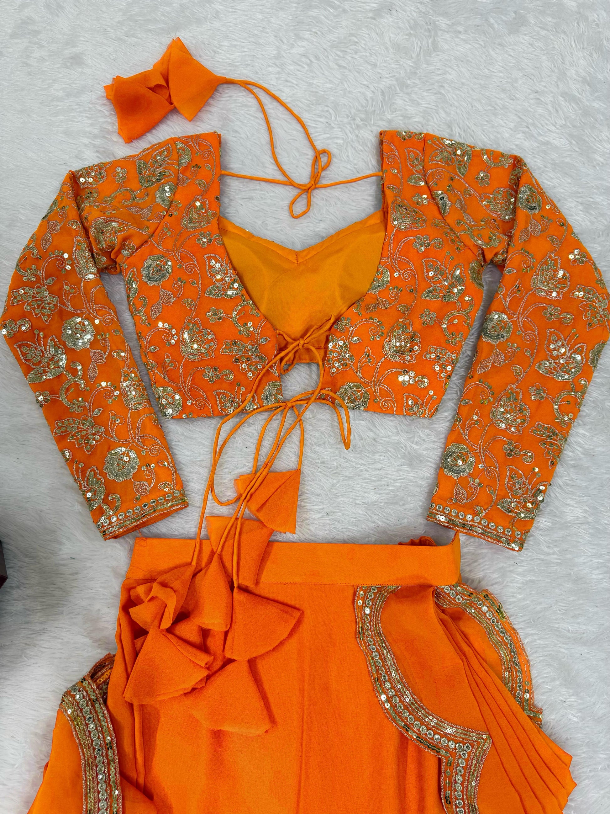 Orange Faux Georgette Ruffle Saree with Sequin Embroidery