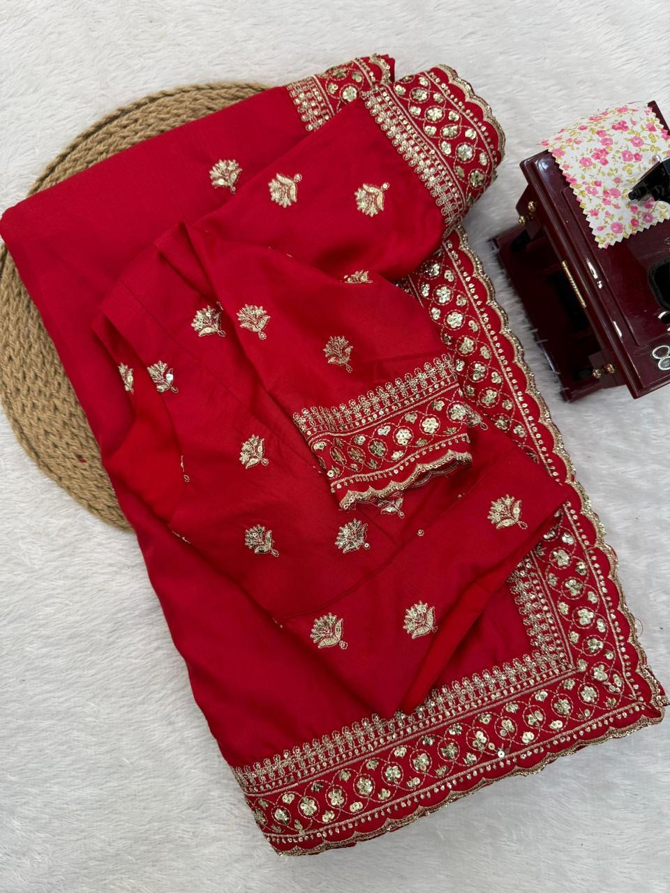 Red Jalpari Silk Saree with thread and Sequin Work