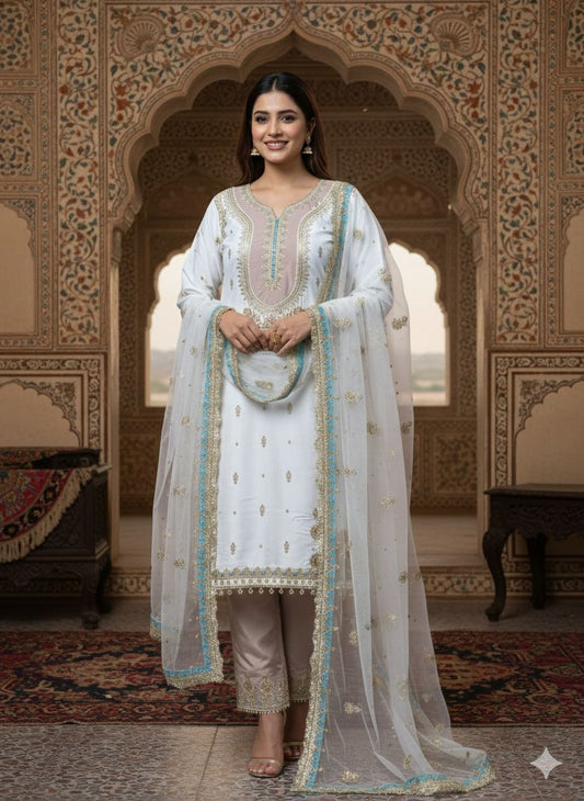 White Crepe Silk Suit with Pants