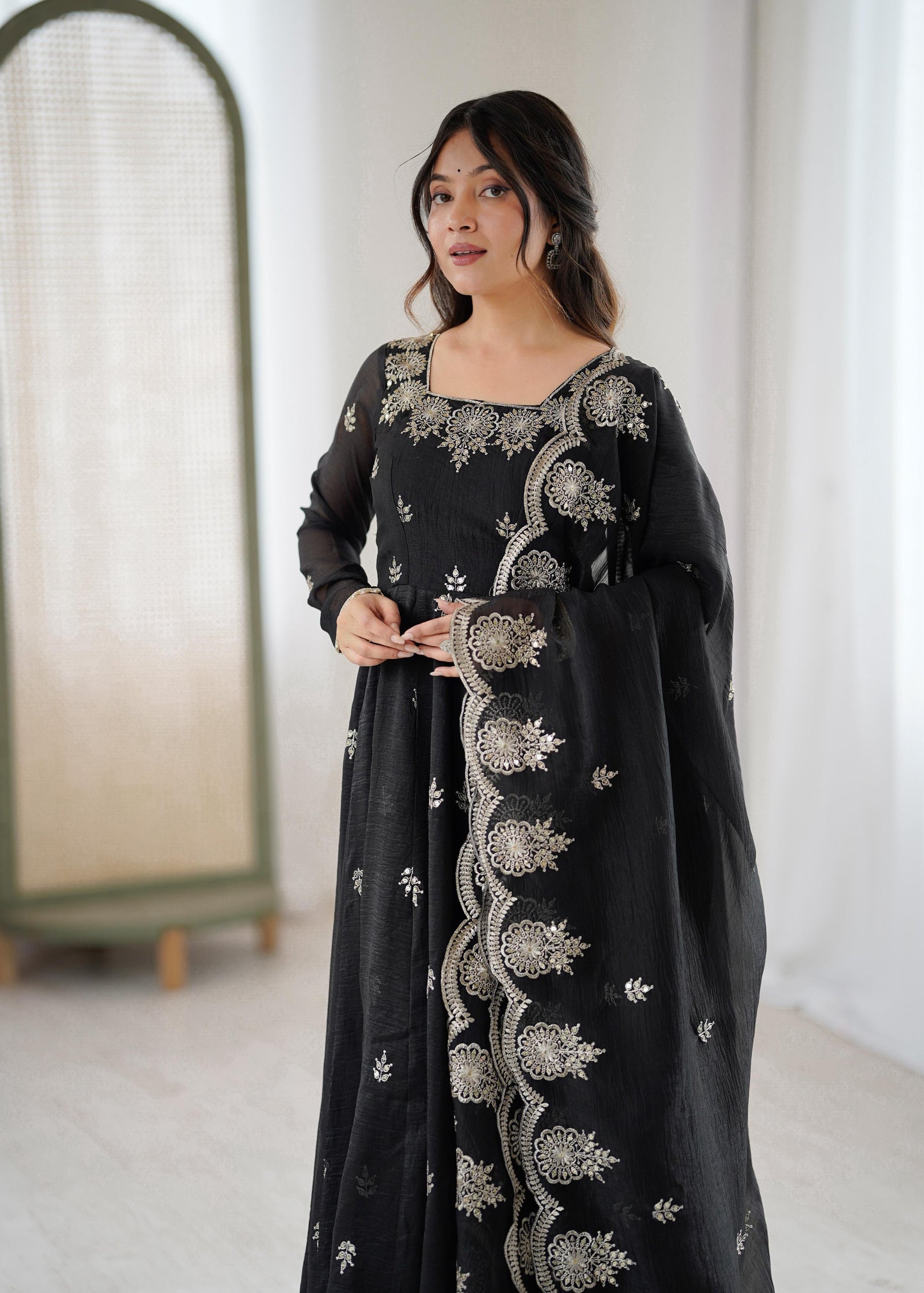 Crunchy Silk Embroidery Sequin Gown with Pants