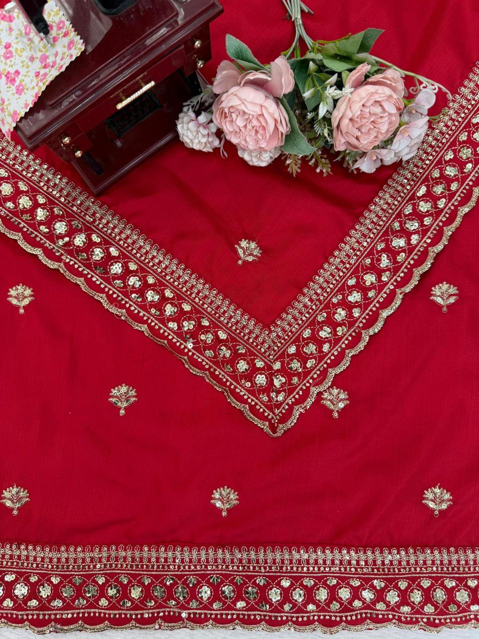Red Jalpari Silk Saree with thread and Sequin Work