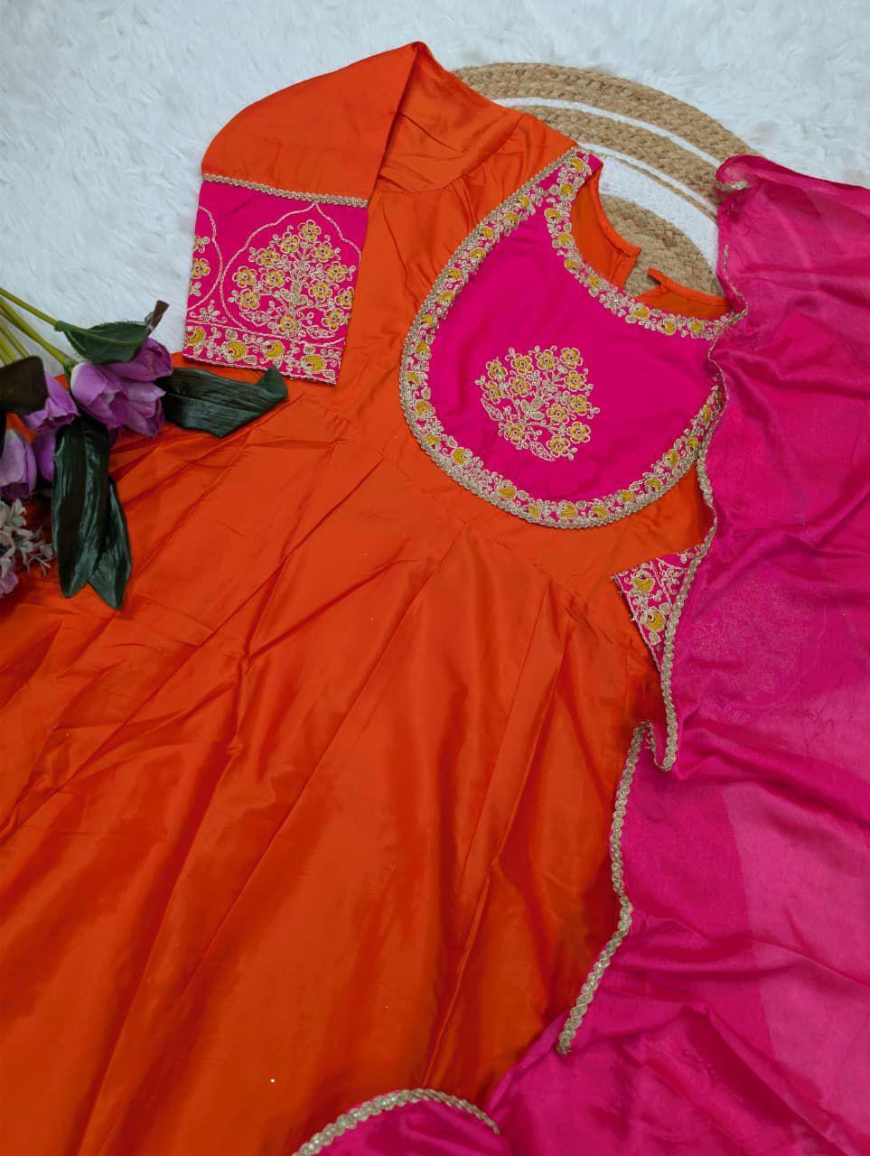 Viscose Chanderi Cotton Silk Anarkali Suit with Pants