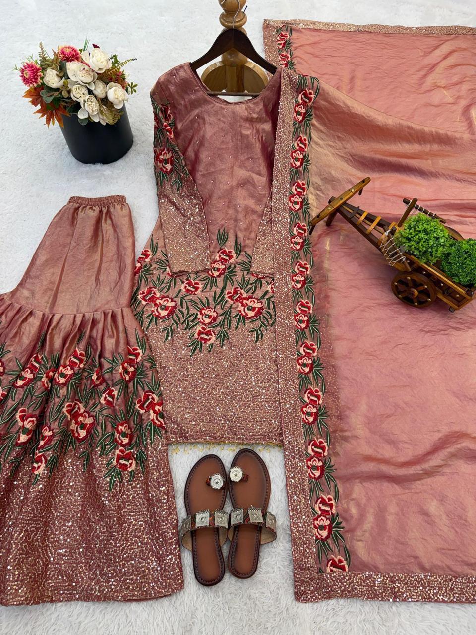 Fendy silk heavy embroidery sequin work Sharara Suit