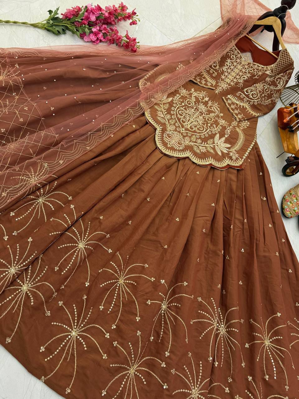 Brown Simmer Silk Embroidery Detailing Lehenga