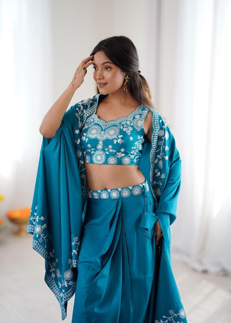 Blue French Crepe Dhoti with Shrug Set