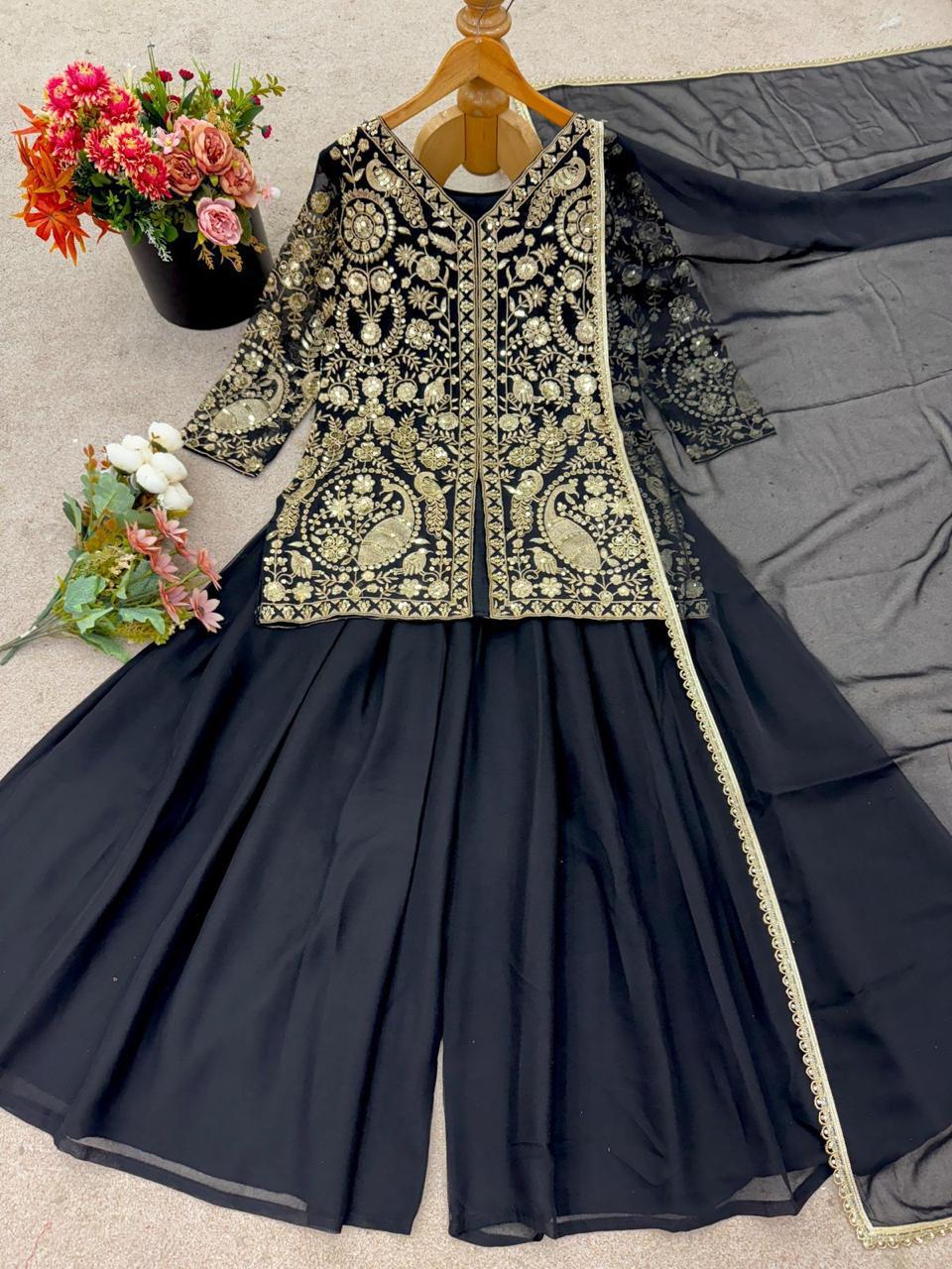 Heavy Faux Georgette Palazzo Set with elegant sequin embroidery
