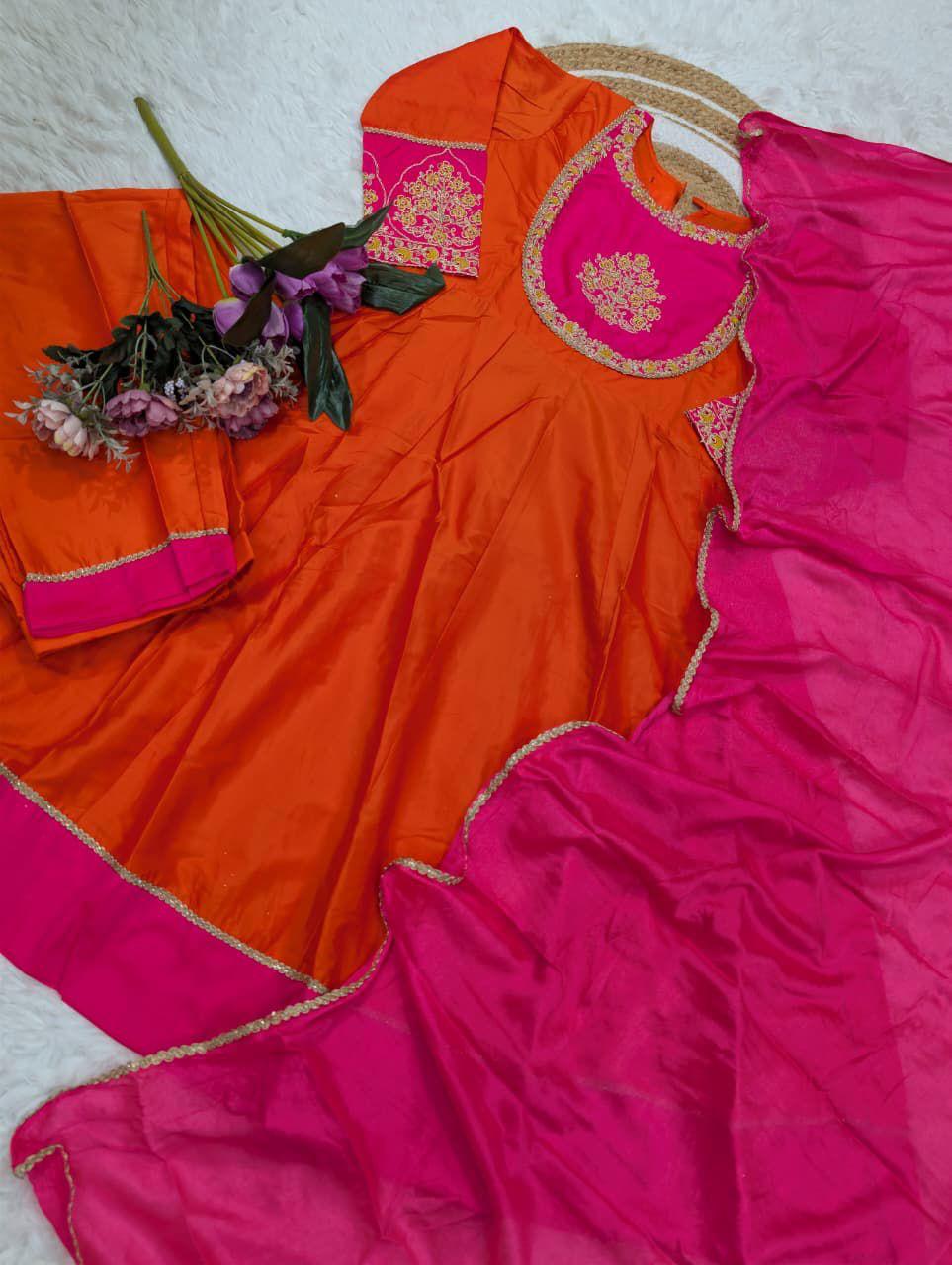 Viscose Chanderi Cotton Silk Anarkali Suit with Pants