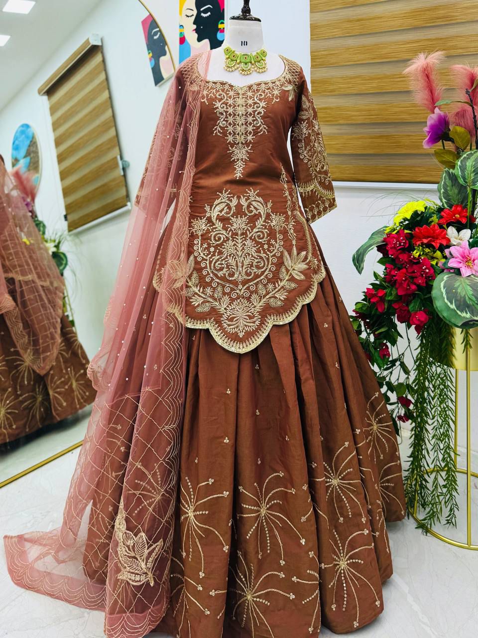 Brown Simmer Silk Embroidery Detailing Lehenga