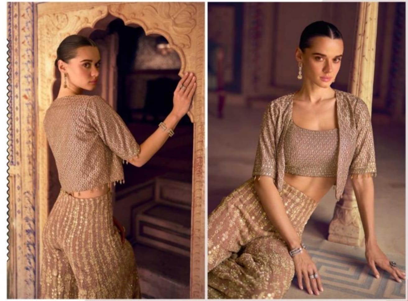 Brown Georgette Indowestern Designer Set with Embroidered Swarovski and Zarkan Work